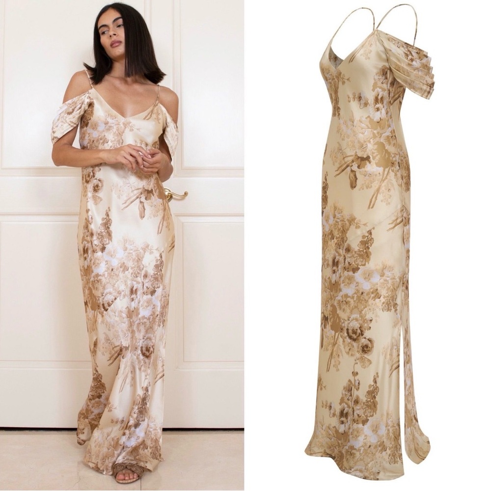 Gold Hawk Napa Noa Silk Beige Rafia Floral Satin Cold-Shoulder Maxi Dress